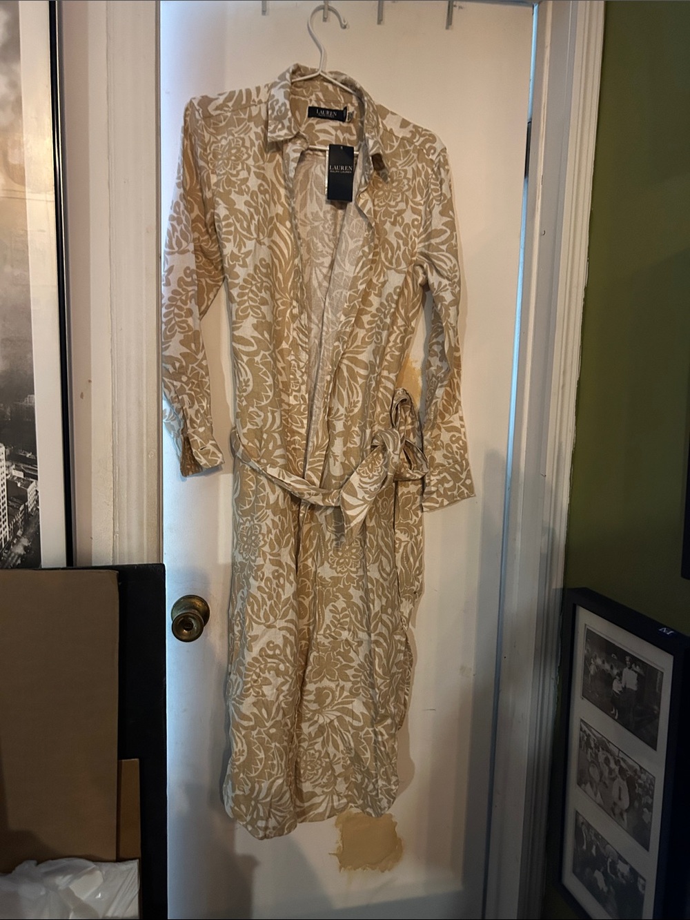 Lauren Ralph Lauren Cream & Tan Floral Midi Shirt Dress Sz 6